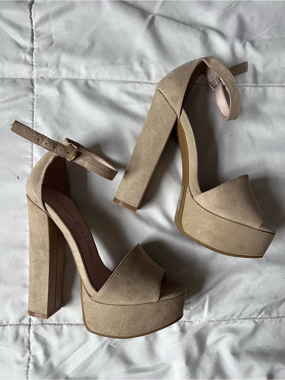Chinese Laundry Taupe Suede Platform Ankle-Strap Heels